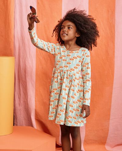 Long Sleeve Skater Dress with Pockets in Mushrooms on Seafoam - main