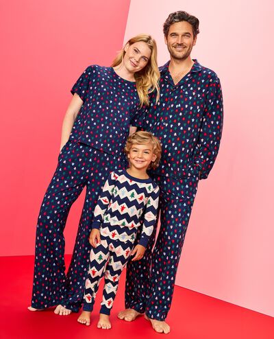 Adult Holiday Flannel Pajama Top in Multi Trees on Navy Blue - main