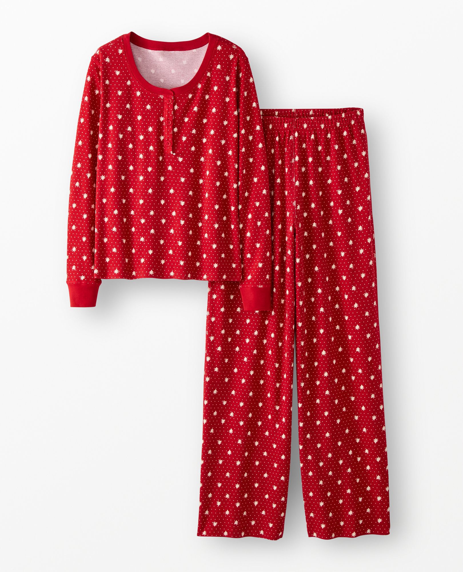 Women's Holiday Long Sleeve Waffle Henley Pajama Set in Red Forest - main