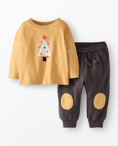 Baby Holiday Long Sleeve Graphic T-Shirt & Sweatpants Set in Winter Trees on Camel - main