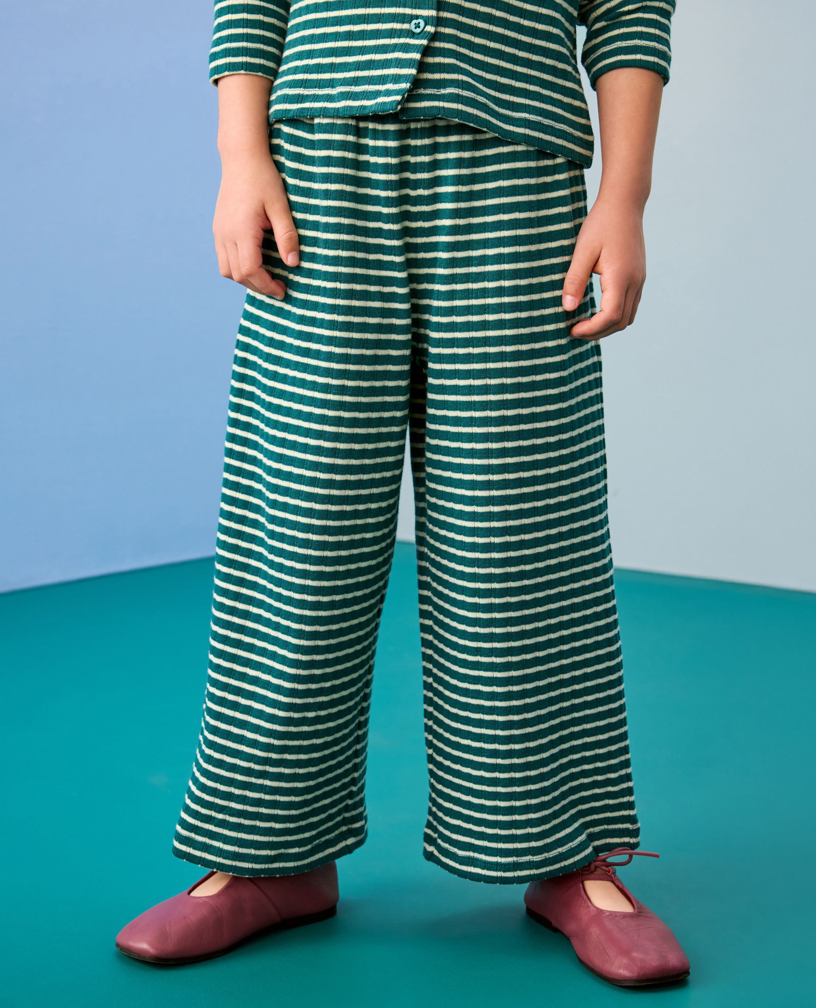 Heart Button Pointelle Cardigan & Wide Leg Pants Set in Everglade/Ecru - main