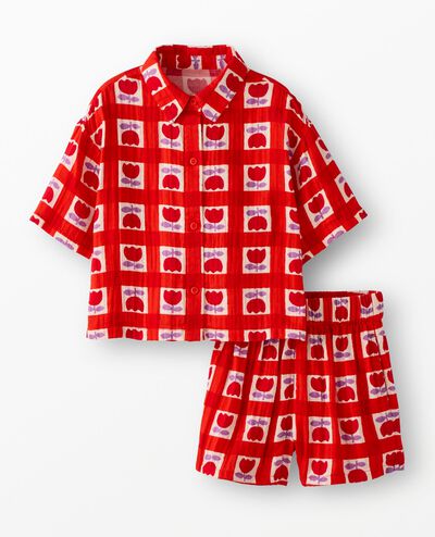 Muslin Button Up Shirt & Shorts Set in Red Checkered Tulip - main