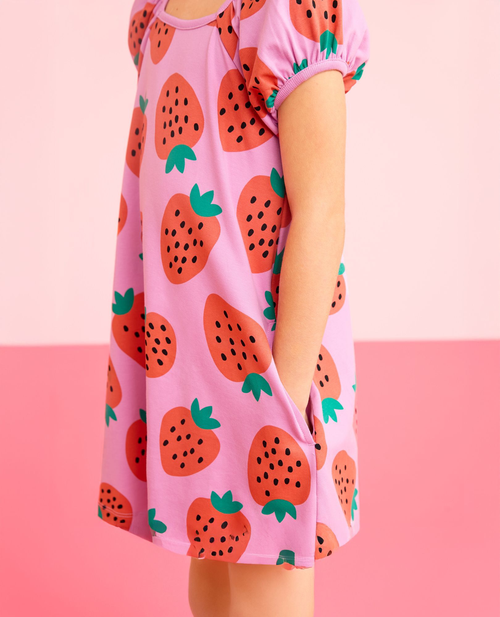 Puff Sleeve Dress with Pockets in Strawberry Sweetness on Echinacea - main