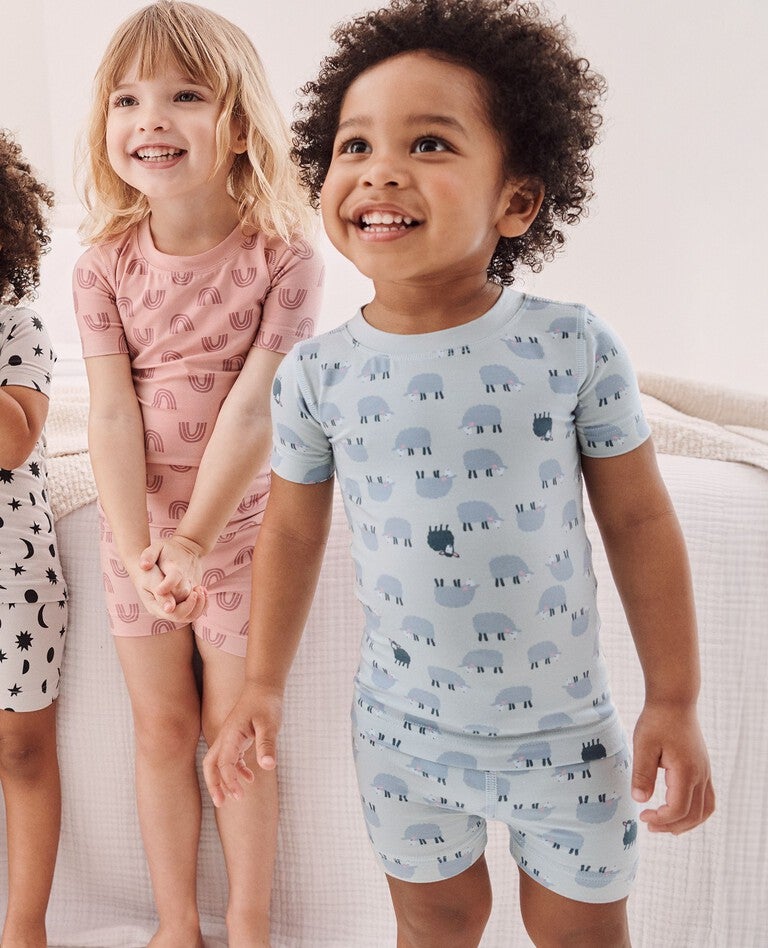 Kids Short John Pajama Set in HannaSoft™ in Mini Lamb on Celestial Blue - main