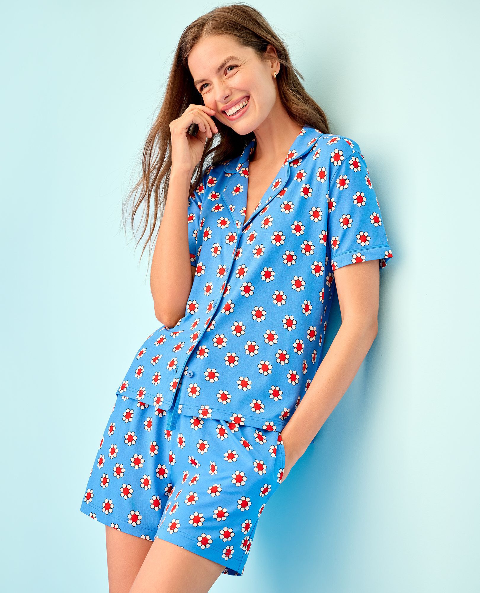 Women's Short Sleeve HannaSoft™ Pajama Set in Red Flowers on Swedish Sky - main