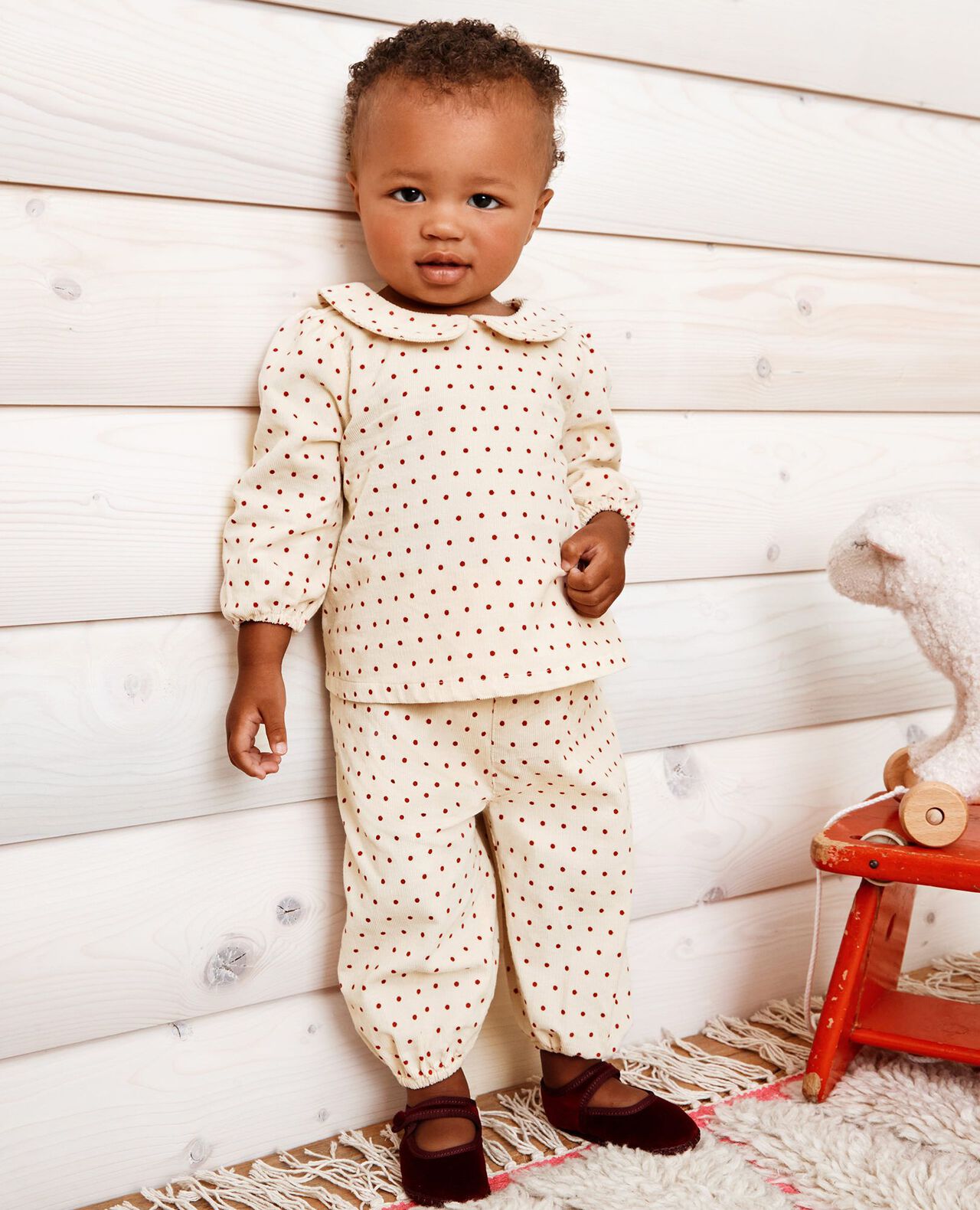 Baby Collared Corduroy Top & Pants Set in Tiny Dots on Lambs Wool - main