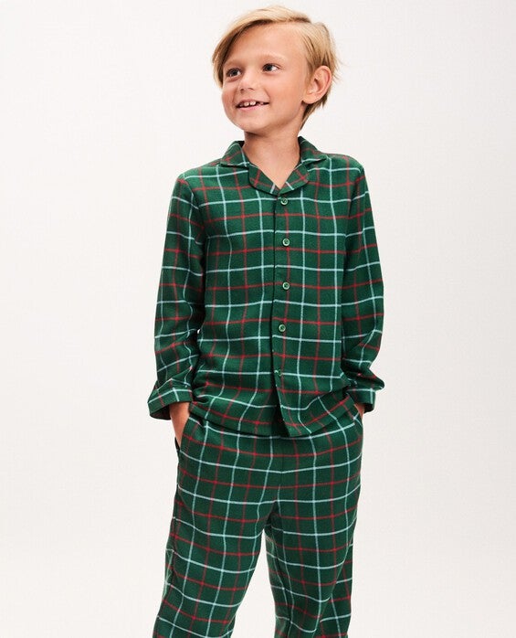 Girls' & Boys' Green Windowpane Plaid Holiday Flannel Pajama Set in 100% Recycled Poly - Size Little Kids 5 by Hanna Andersson