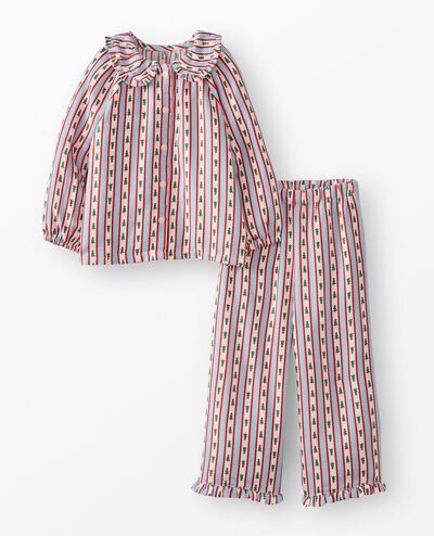 Holiday Ruffle Flannel Pajama Set in Tree Ribbons on Blue - main