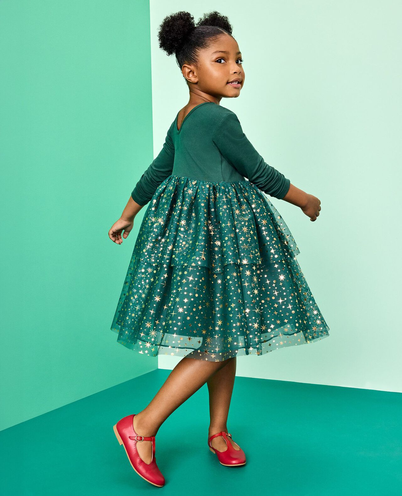 Long Sleeve Tulle Shimmer Dress in Malachite - main