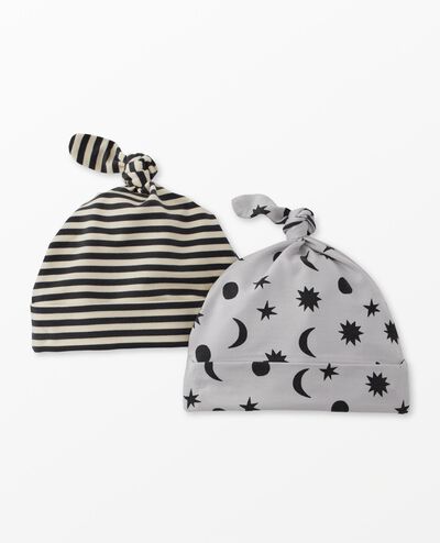 2-Piece Baby Layette Top Knot Beanie in HannaSoft™ in Stars and Moon Tonal on Grey - main