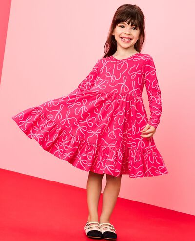 Long Sleeve Ruffle Skater Dress with Pockets in Bows on Beetroot Pink - main