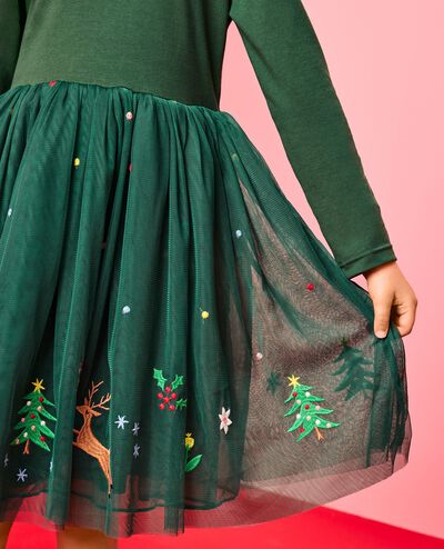 Long Sleeve Tulle Embroidered Dress in Reindeer on Malachite - main