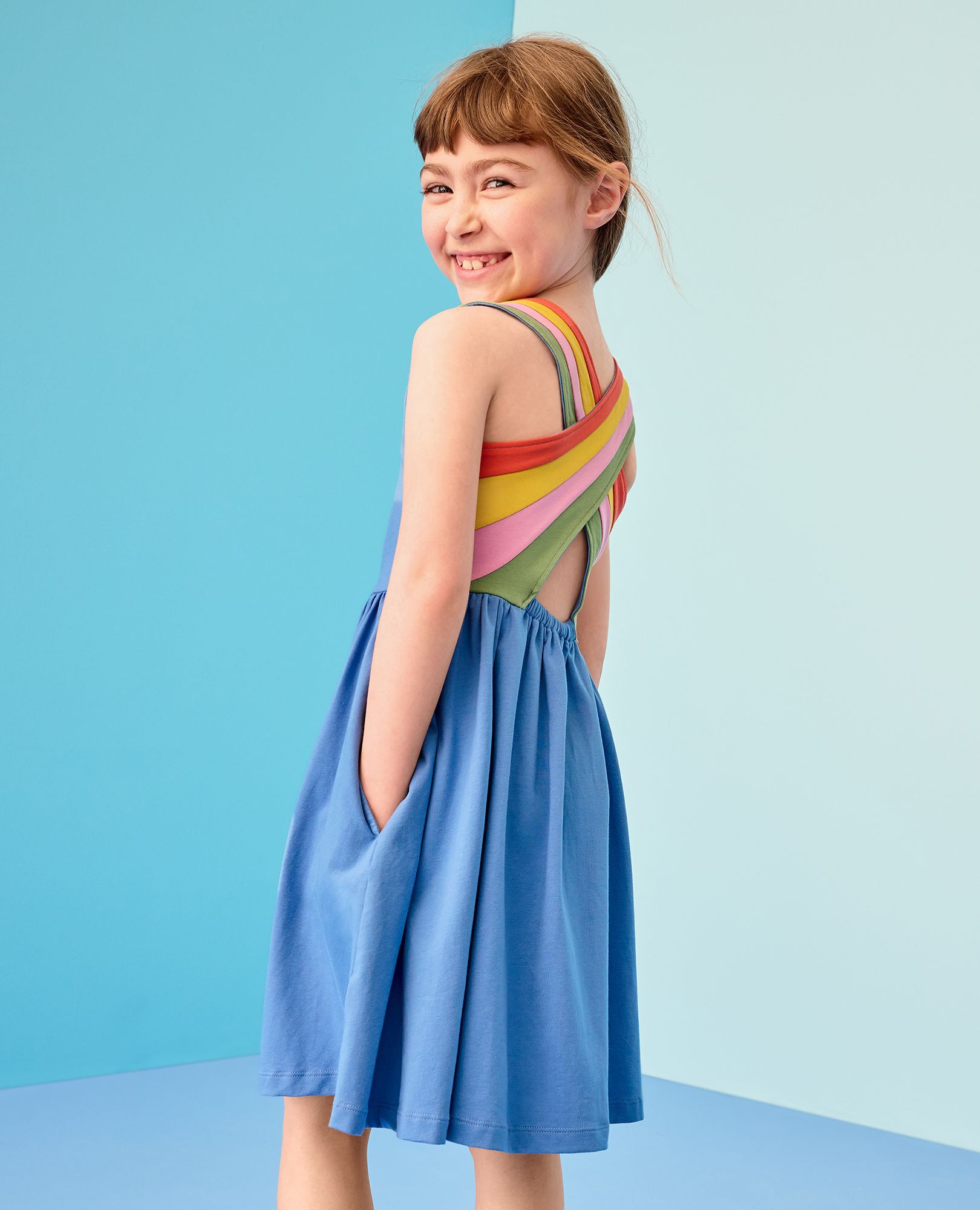 Rainbow Crossback Skater Dress with Pockets in Horizon Blue - main