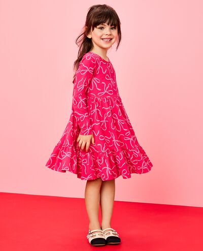 Long Sleeve Ruffle Skater Dress with Pockets in Bows on Beetroot Pink - main