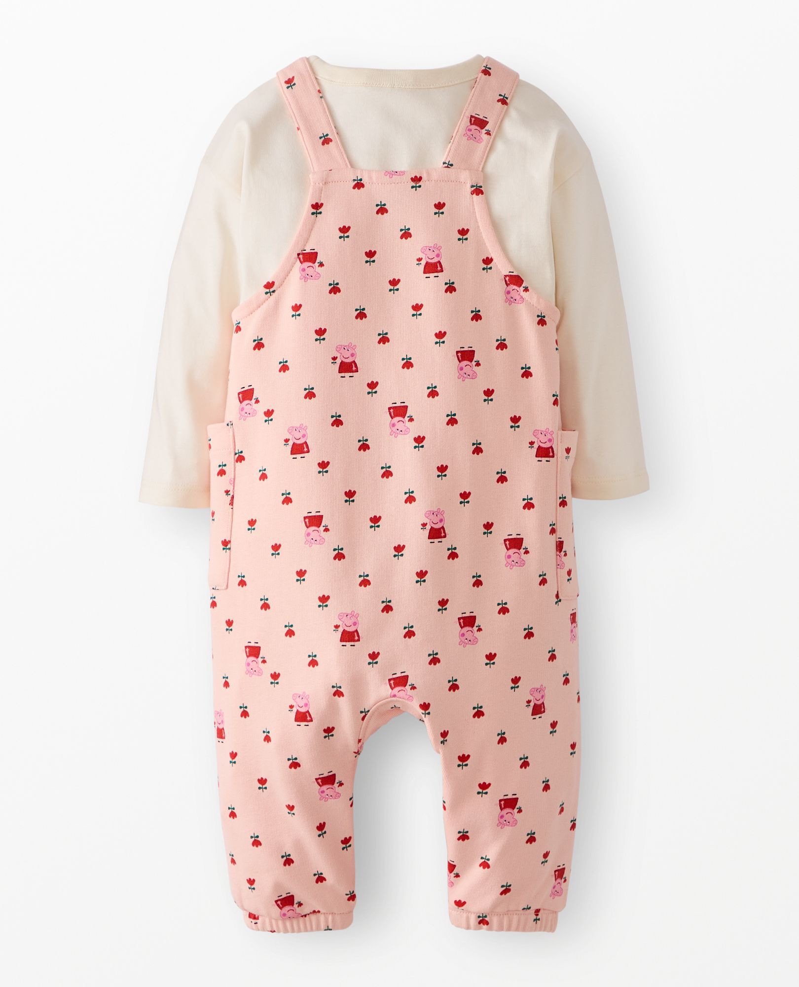 Peppa Pig Long Sleeve T-Shirt & French Terry Overalls Set in Peppa small tulips on Pink - main