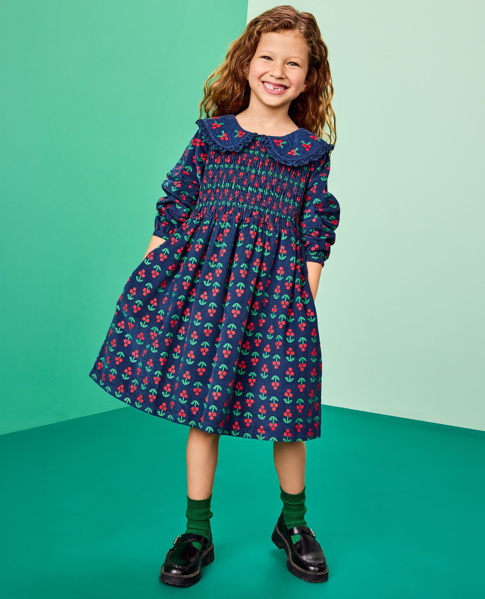 Embroidered Corduroy Dress with Pockets in Holly Berries on Midnight Blue - main
