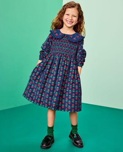 Embroidered Corduroy Dress with Pockets in Holly Berries on Midnight Blue - main
