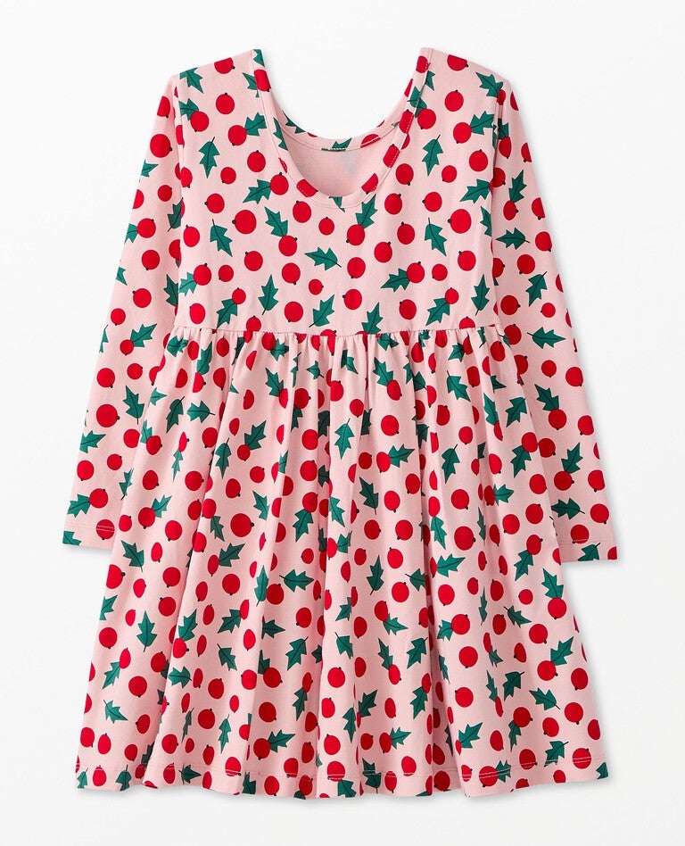 Holiday Long Sleeve Skater Dress with Pockets in Snowberries on Pink - main