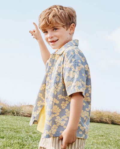 Oversized Seersucker Button Up Shirt in Flowers on Blue - main