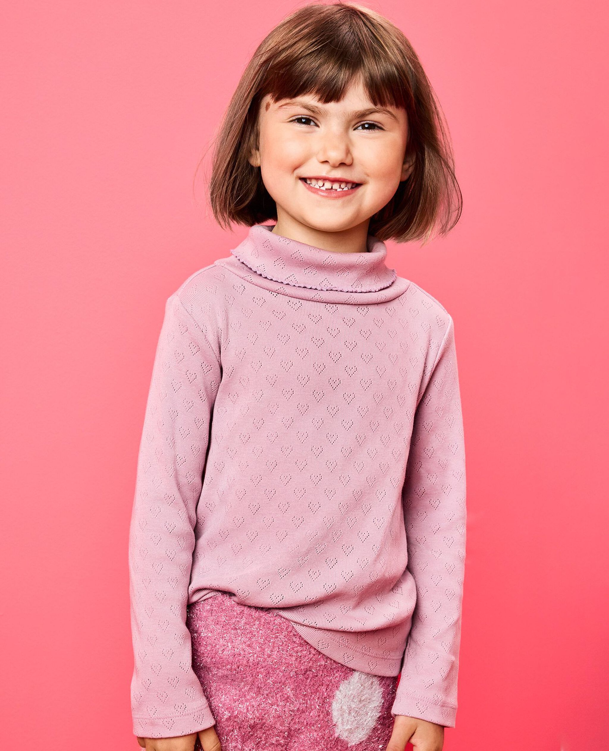 Long Sleeve Pointelle Heart Turtleneck Top in Cosmic Purple - main