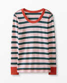 Women's Stripe Long John Top In Organic Cotton in Juniper/Petal Pink - main