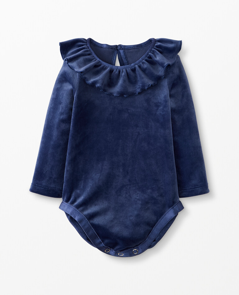 Baby Ruffle Bodysuit In Recycled Velour in Navy Blue - main