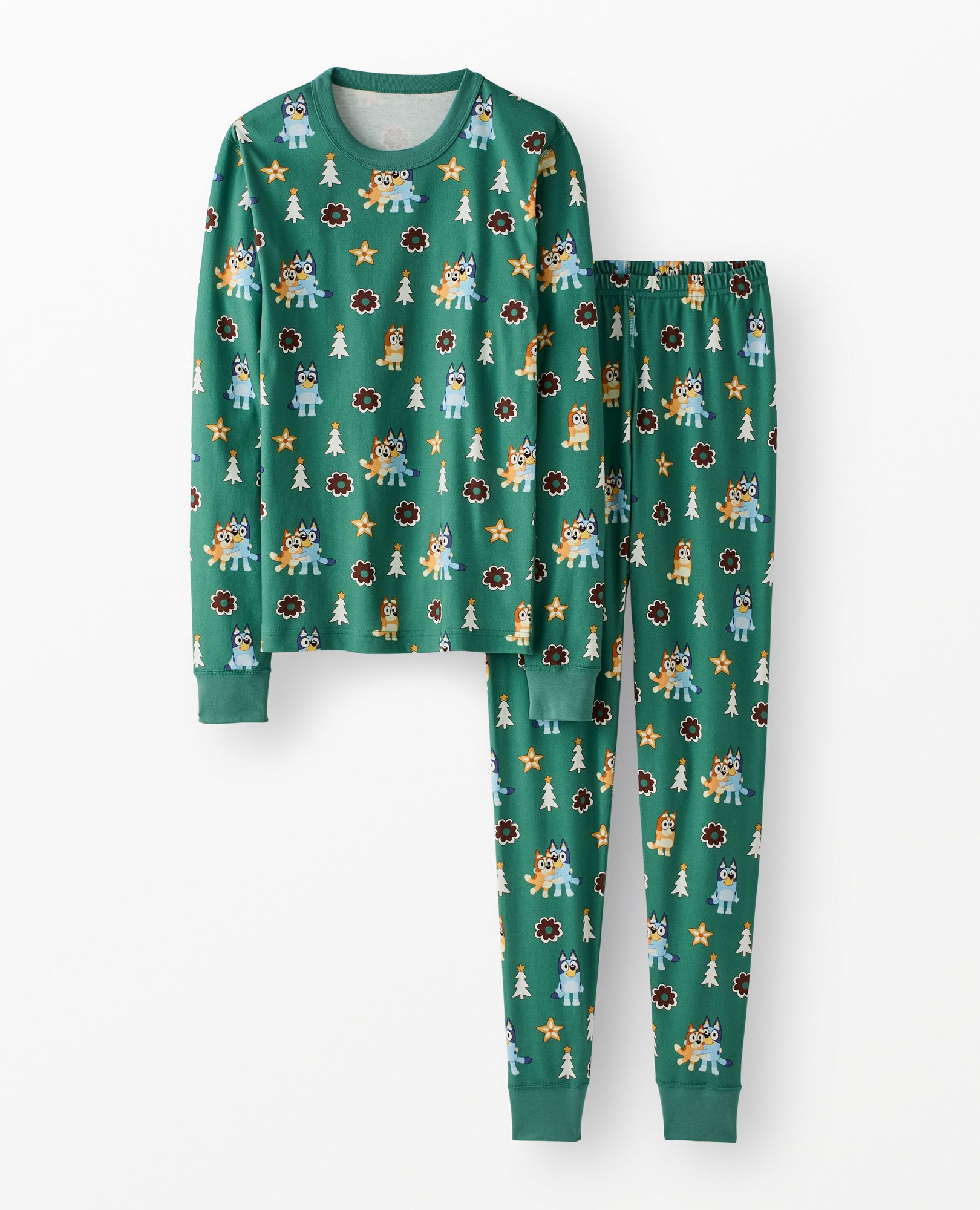 Adult Bluey Holiday Long John Pajama Set in Bluey Hugs and Cookies on Green - main