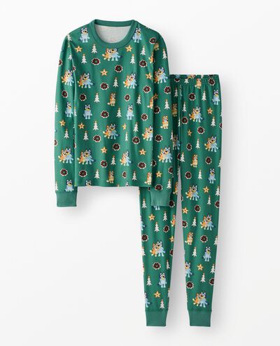 Adult Bluey Holiday Long John Pajama Set in Bluey Hugs and Cookies on Green - main
