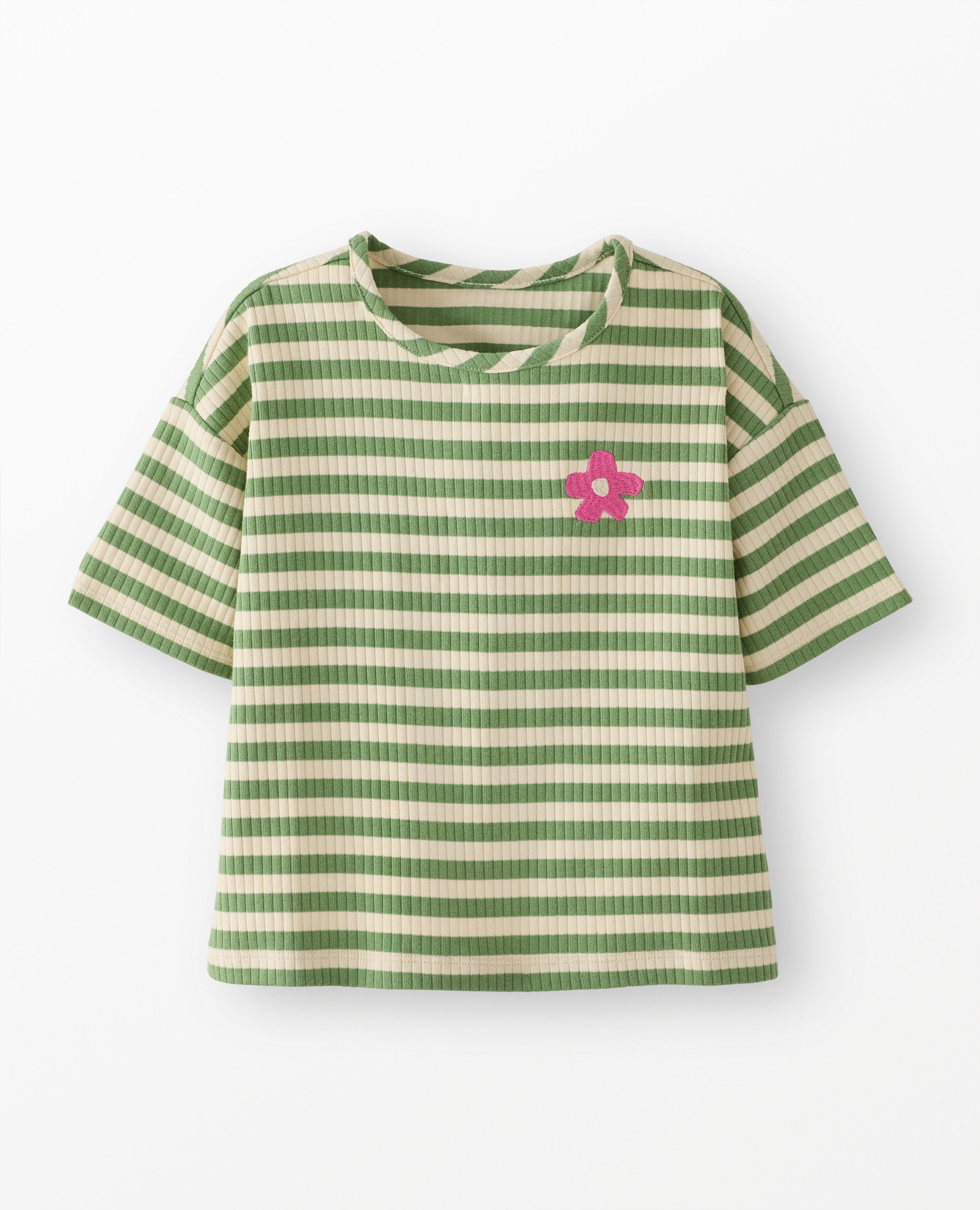Relaxed Fit Ribbed Embroidered T-Shirt in Stone Green/Ecru - main