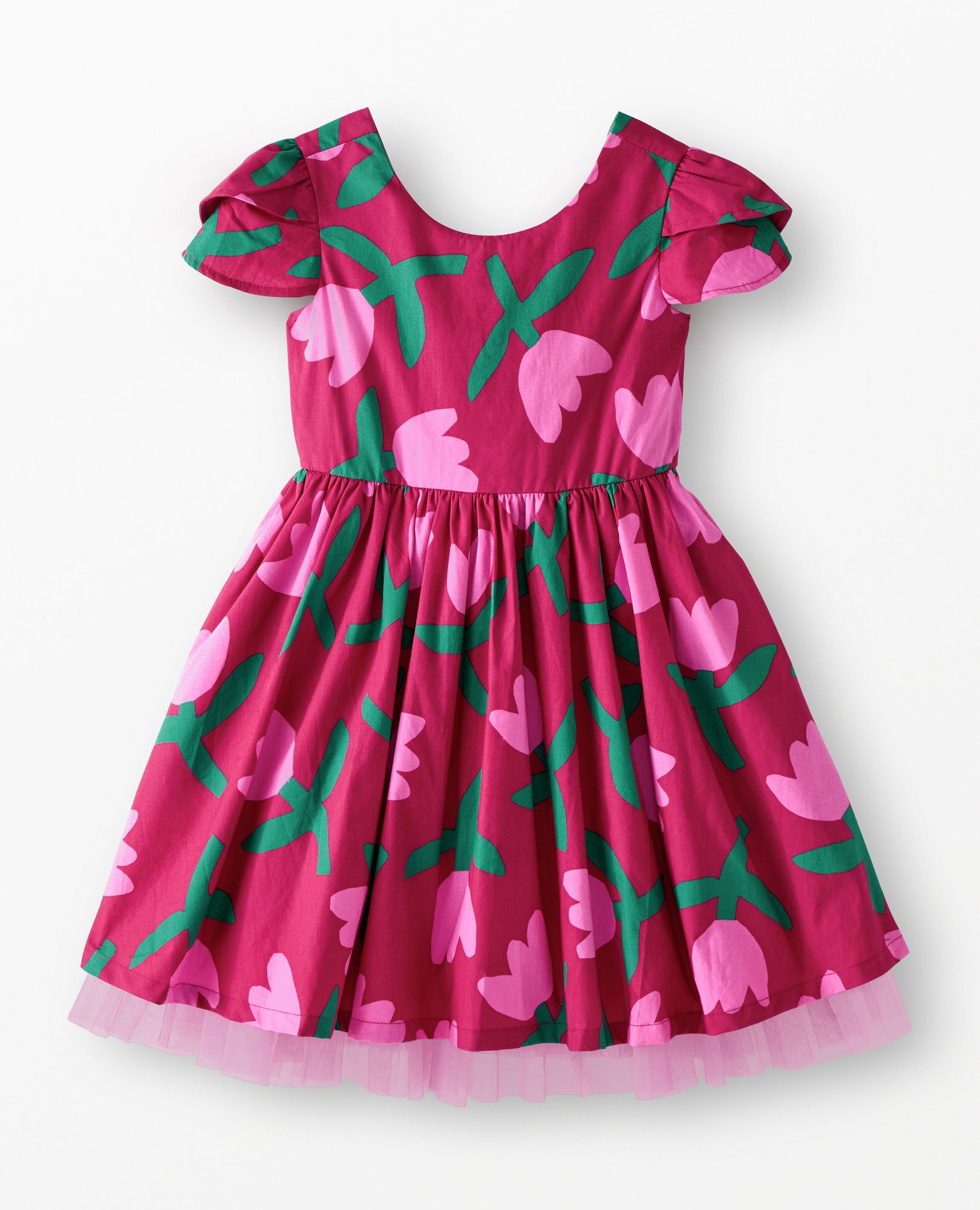 Poplin Twirl Dress with Pockets in Tulips on Raspberry - main