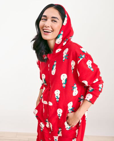 Adult Holiday Fleece Hooded Jumpsuit in Snowmen on Red - main