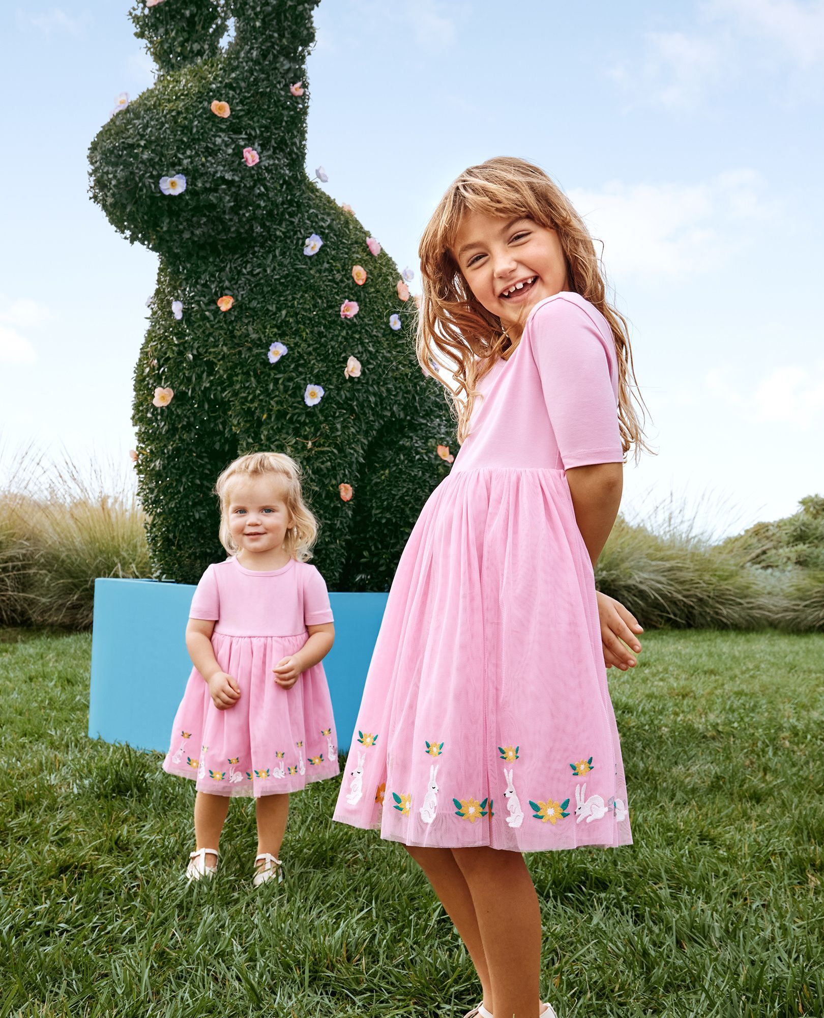 Tulle Embroidered Skater Dress in Springtime Bunnies on Pink - main
