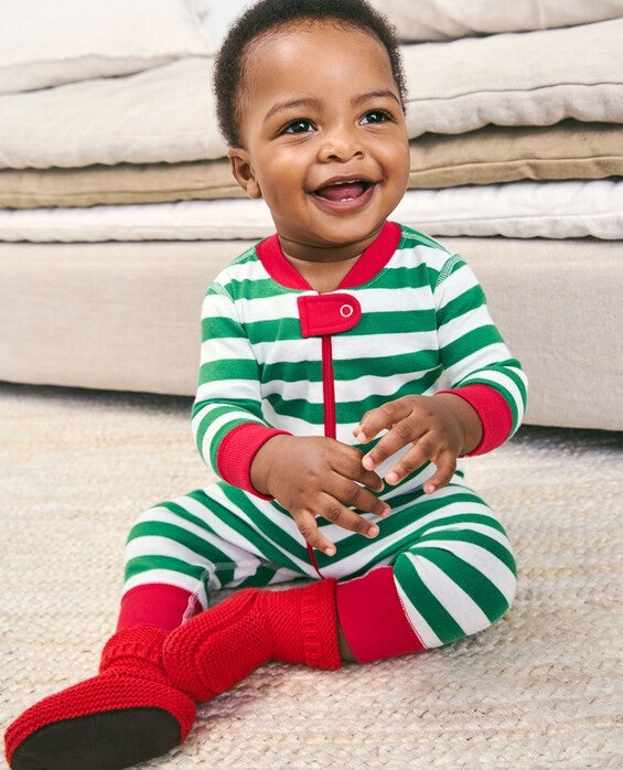Toddler Striped 2-Way Zip Sleeper Pajamas In Tree Green & White & Hanna Red - 100% Cotton - Size 3 by Hanna Andersson
