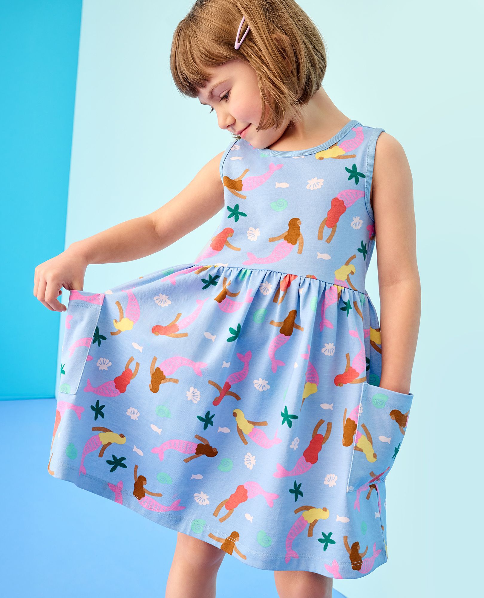 Sleeveless Playground Dress with Pockets in Floral Mermaids on Picnic Sky - main
