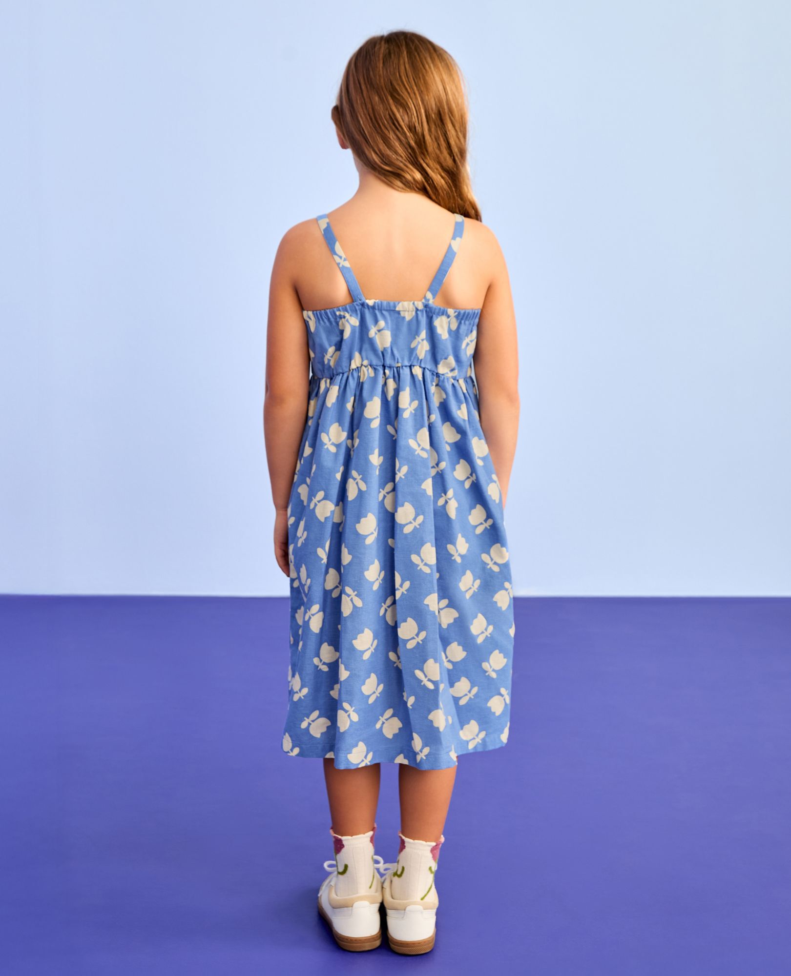 Sleeveless Linen Midi Dress with Pockets in Tossed Tulips on Blue - main