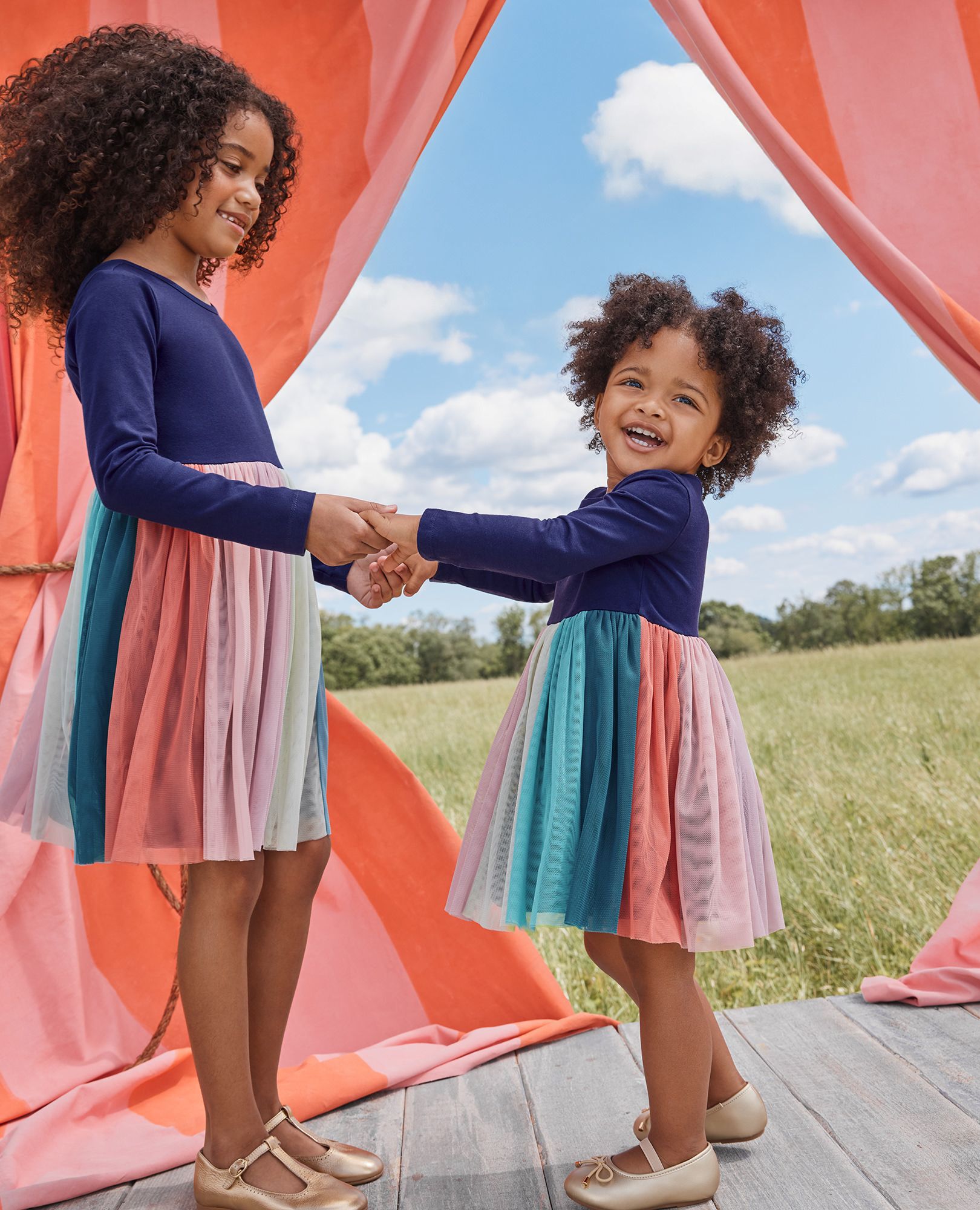 Baby Long Sleeve Tulle Rainbow Dress in Navy Rainbow - main