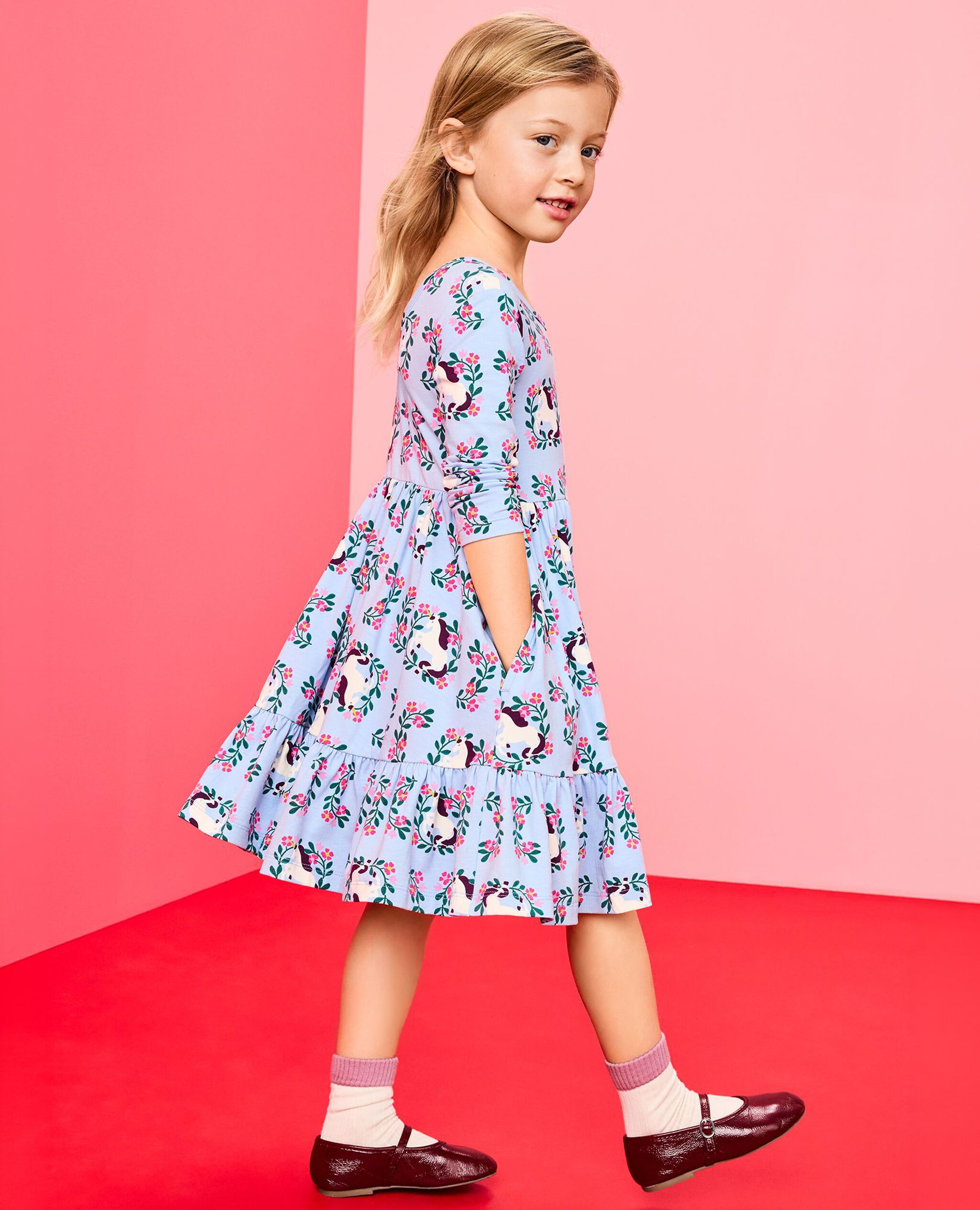 Long Sleeve Ruffle Skater Dress with Pockets in Magical Unicorn on Powder Blue - main