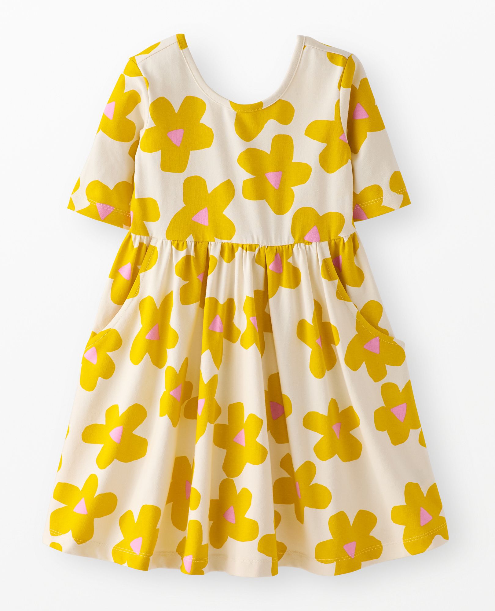 Skater Dress with Pockets in Yellow Flowers on Ecru - main