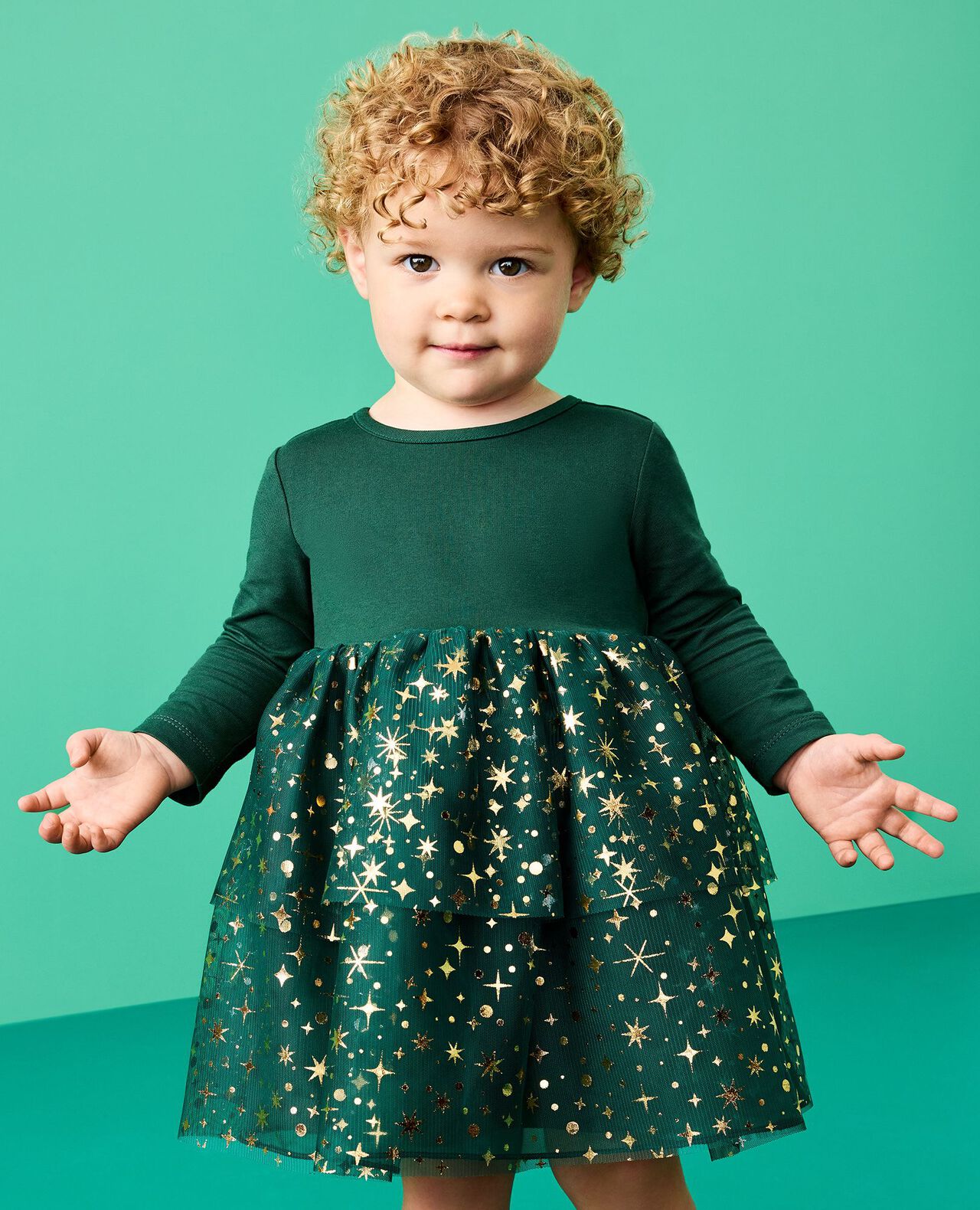 Baby Long Sleeve Tulle Shimmer Dress in Malachite - main