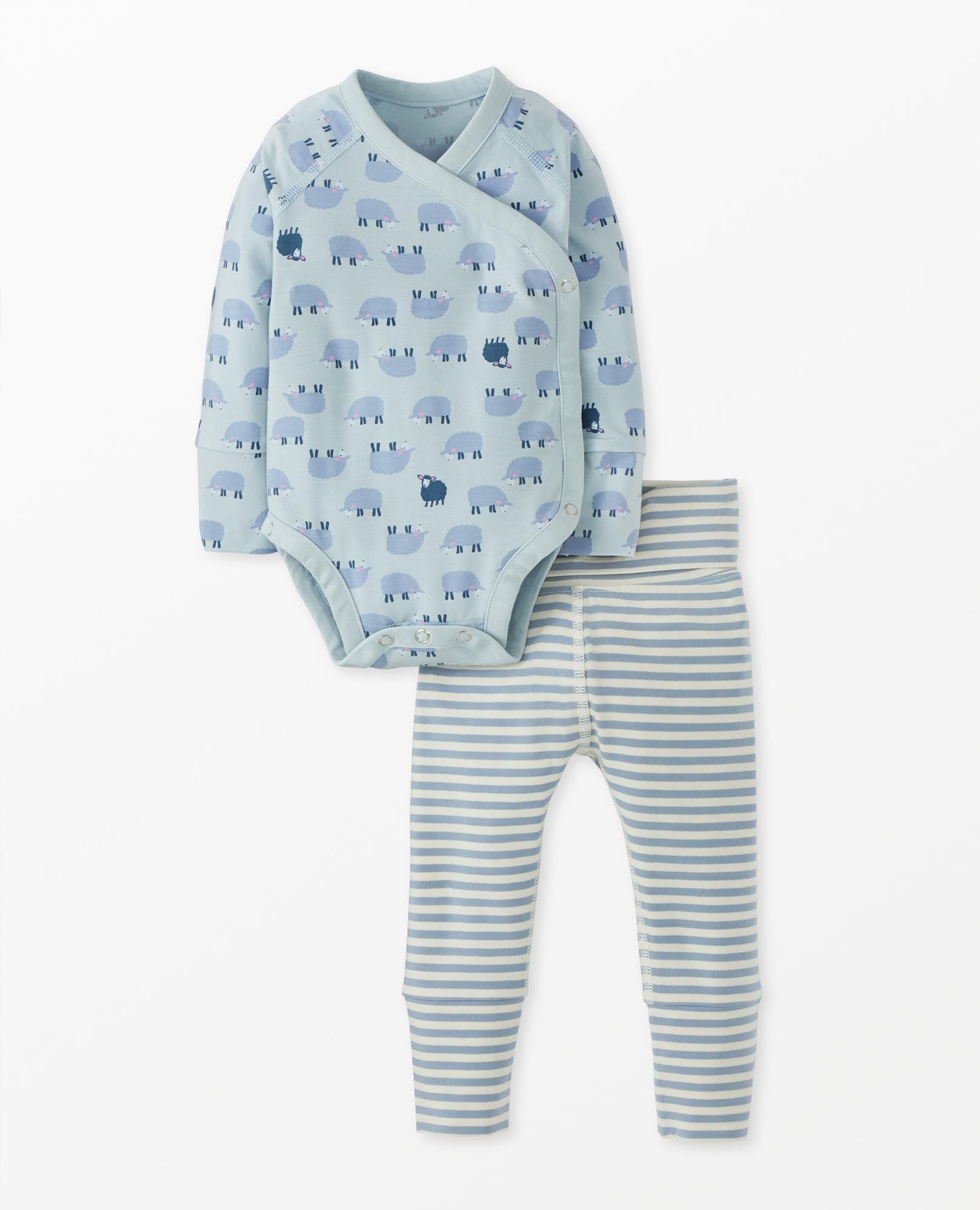 Baby Layette  Wrap Top & Wiggle Pants in HannaSoft™ in Mini Lamb on Celestial Blue - main