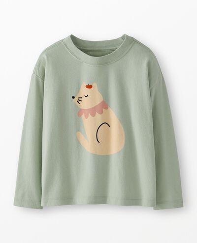 Long Sleeve Relaxed Fit Graphic T-Shirt in Playful Kitty on Seafoam - main