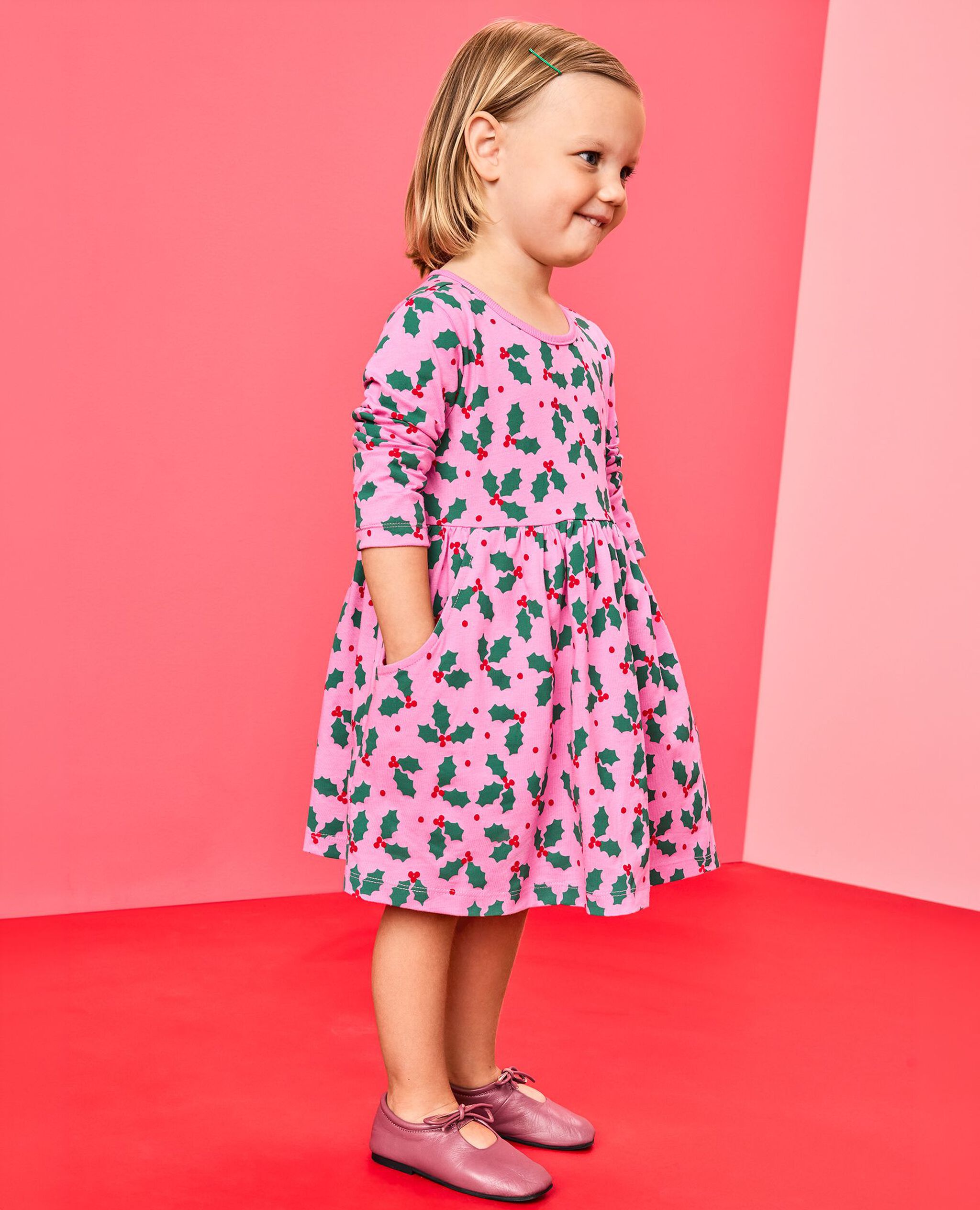 Long Sleeve Everywhere Dress with Pockets in Holly Jolly on Fuchsia Pink - main