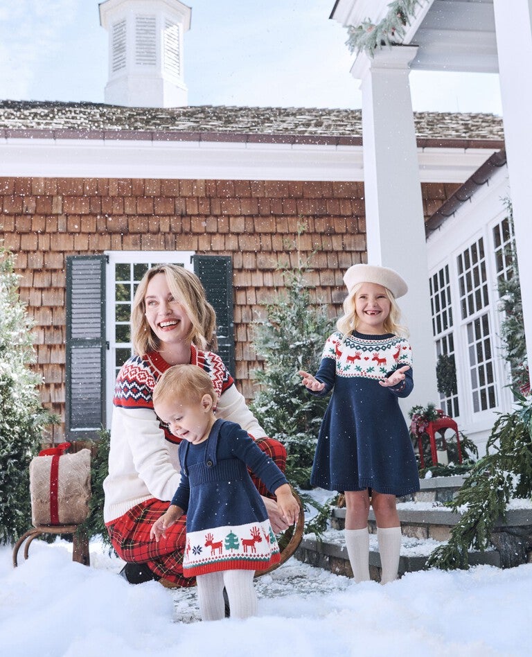 Holiday Sweater Dress in Dear Deer on Navy - main