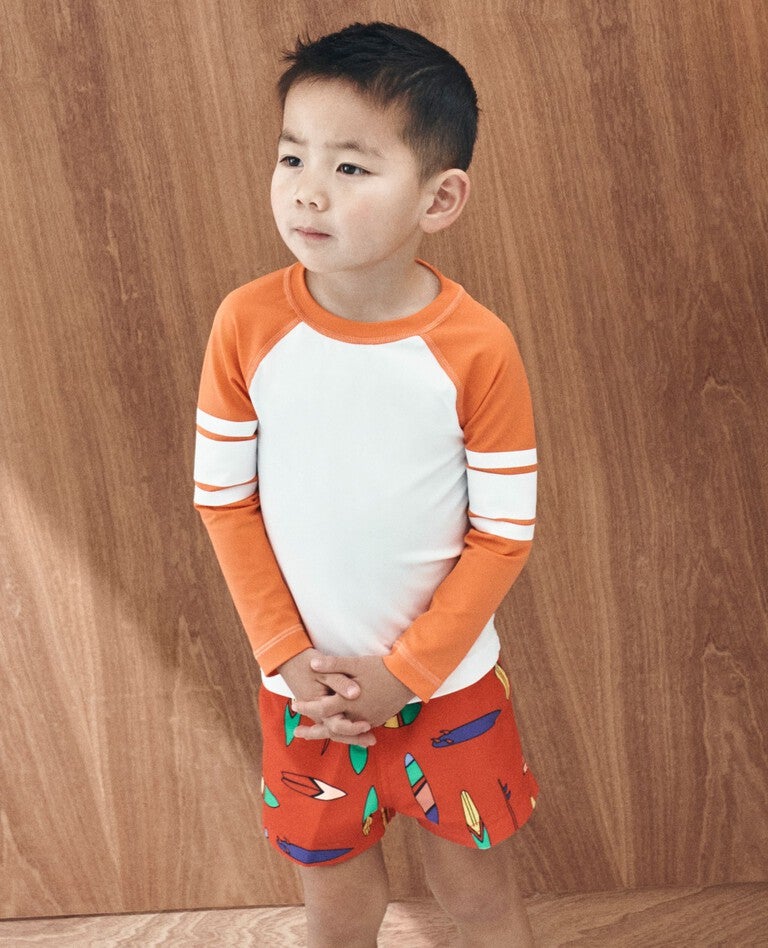 Swim Trunks in Graphic Surfboards on Orange - main