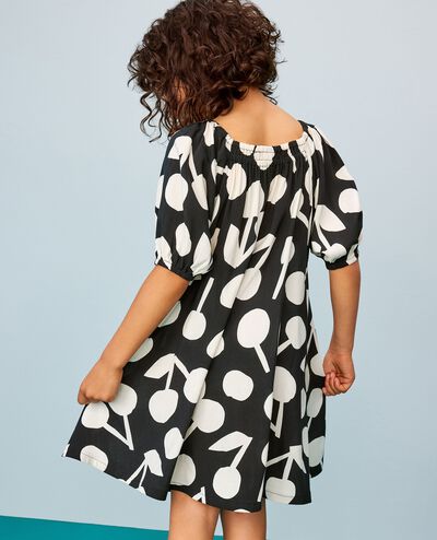 Puff Sleeve Dress in Ecru Cherries on Black - main