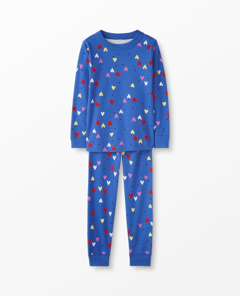Valentines Long John Pajama Set in Mini Hearts on Blue - main