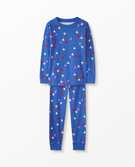 Valentines Long John Pajama Set in Mini Hearts on Blue - main
