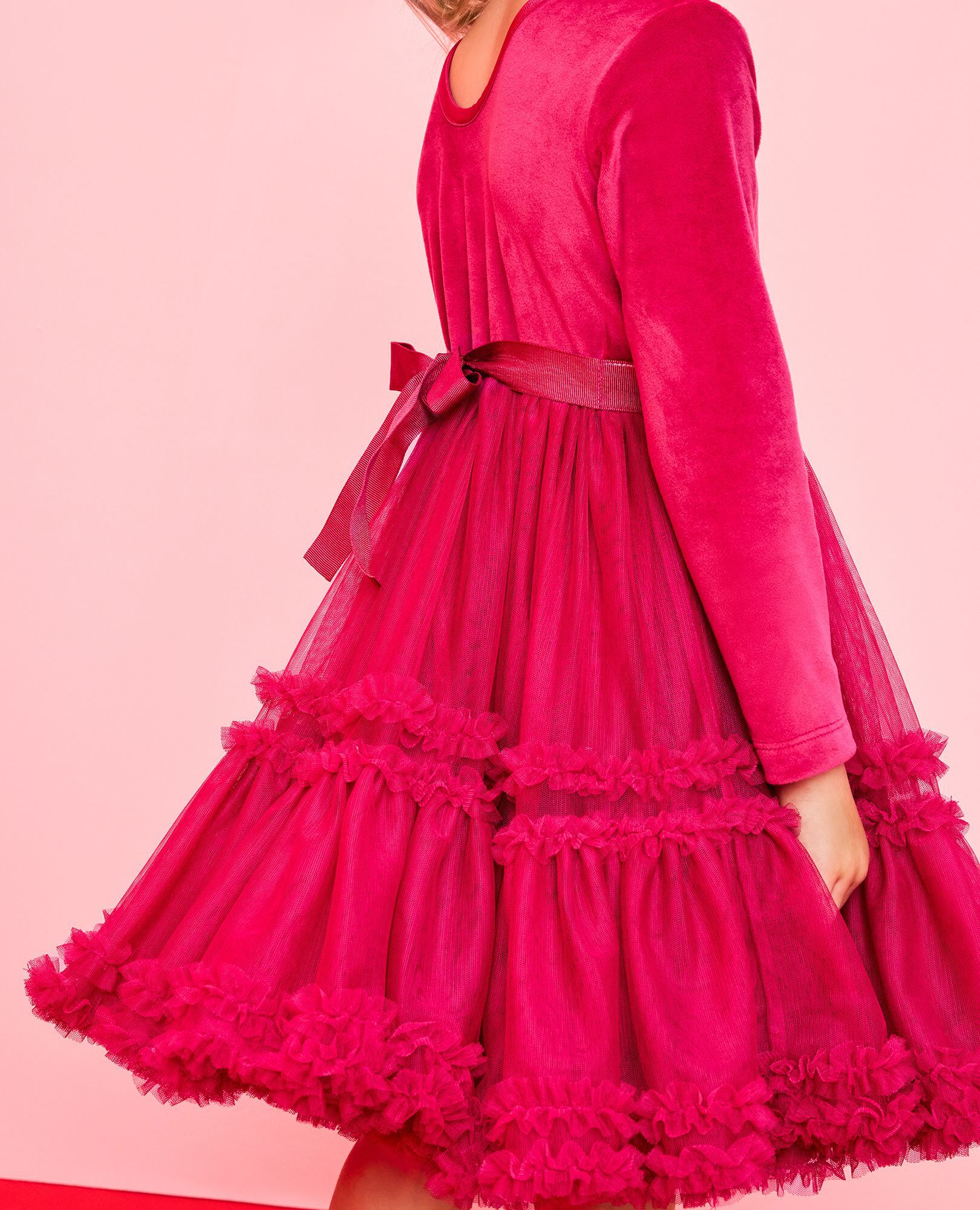 Long Sleeve Velour Tulle Tiered Dress in Raspberry - main