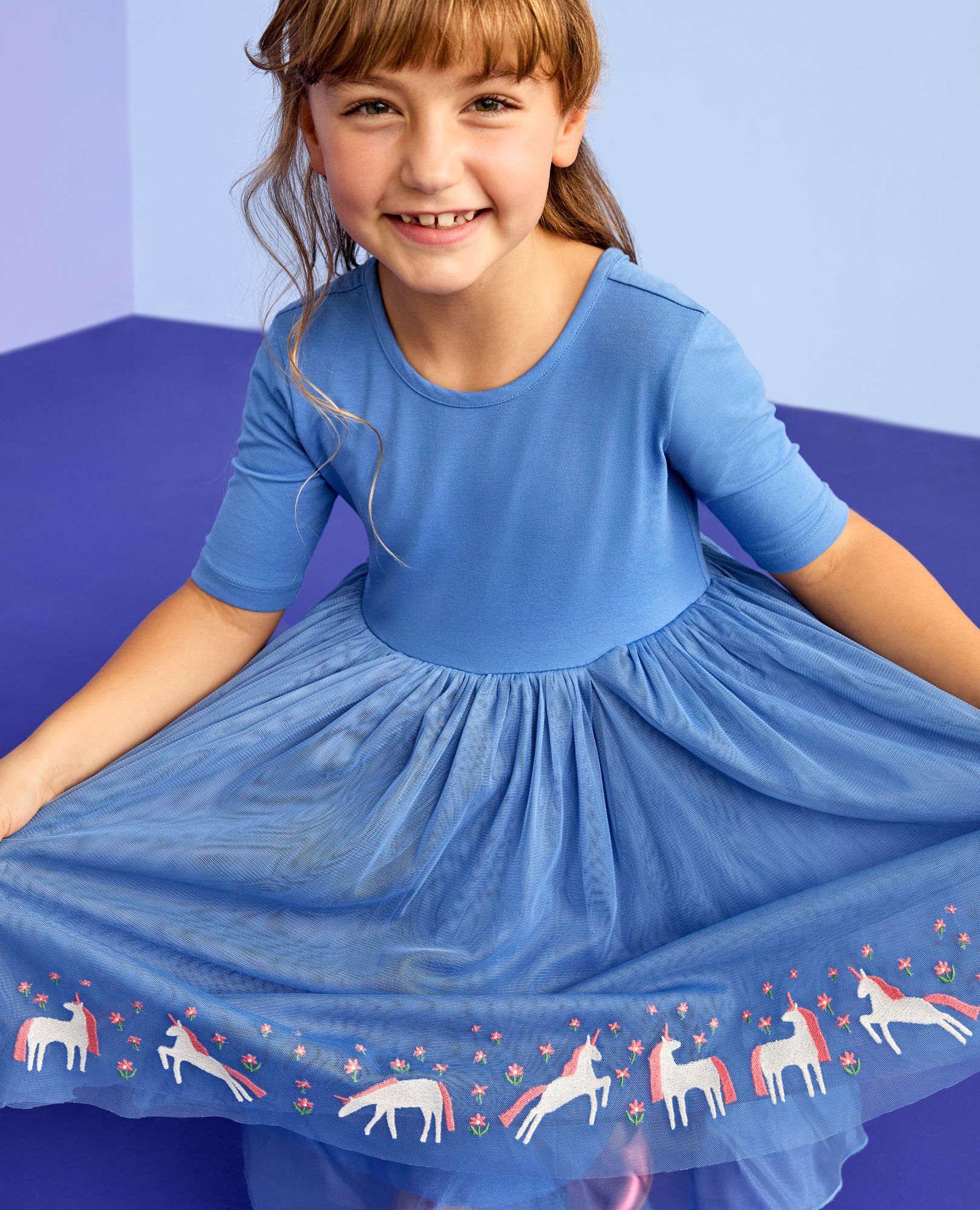 Tulle Embroidered Skater Dress in Unicorn Garden on Blue - main