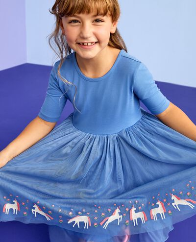 Tulle Embroidered Skater Dress in Unicorn Garden on Blue - main